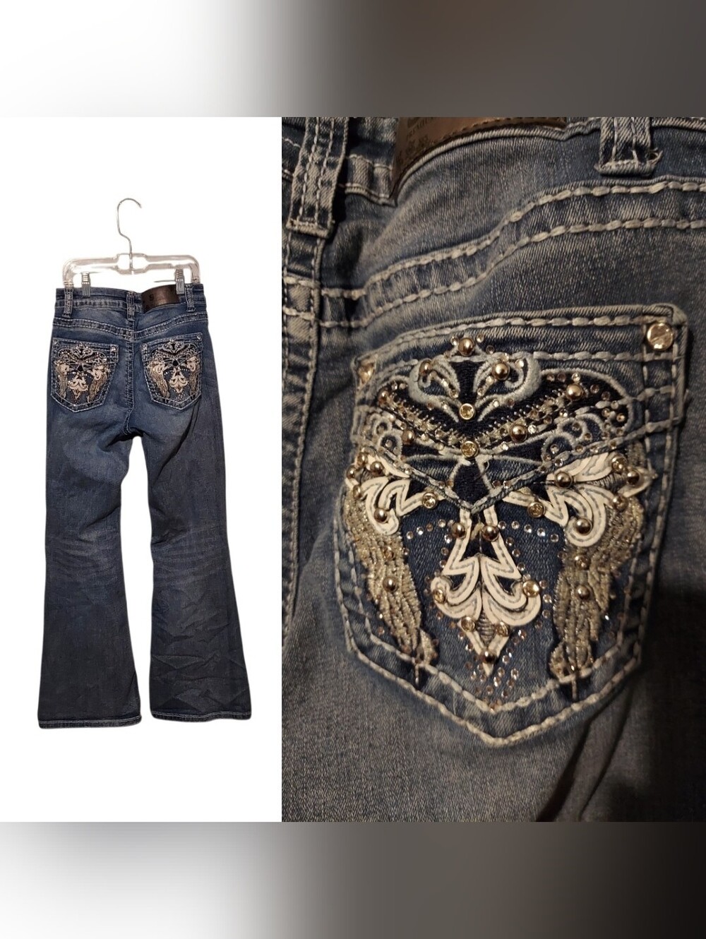 Y2K 2000's Low Rise Bootcut Jeans Size 7 Embellished Western Tuscan Mom Baddie